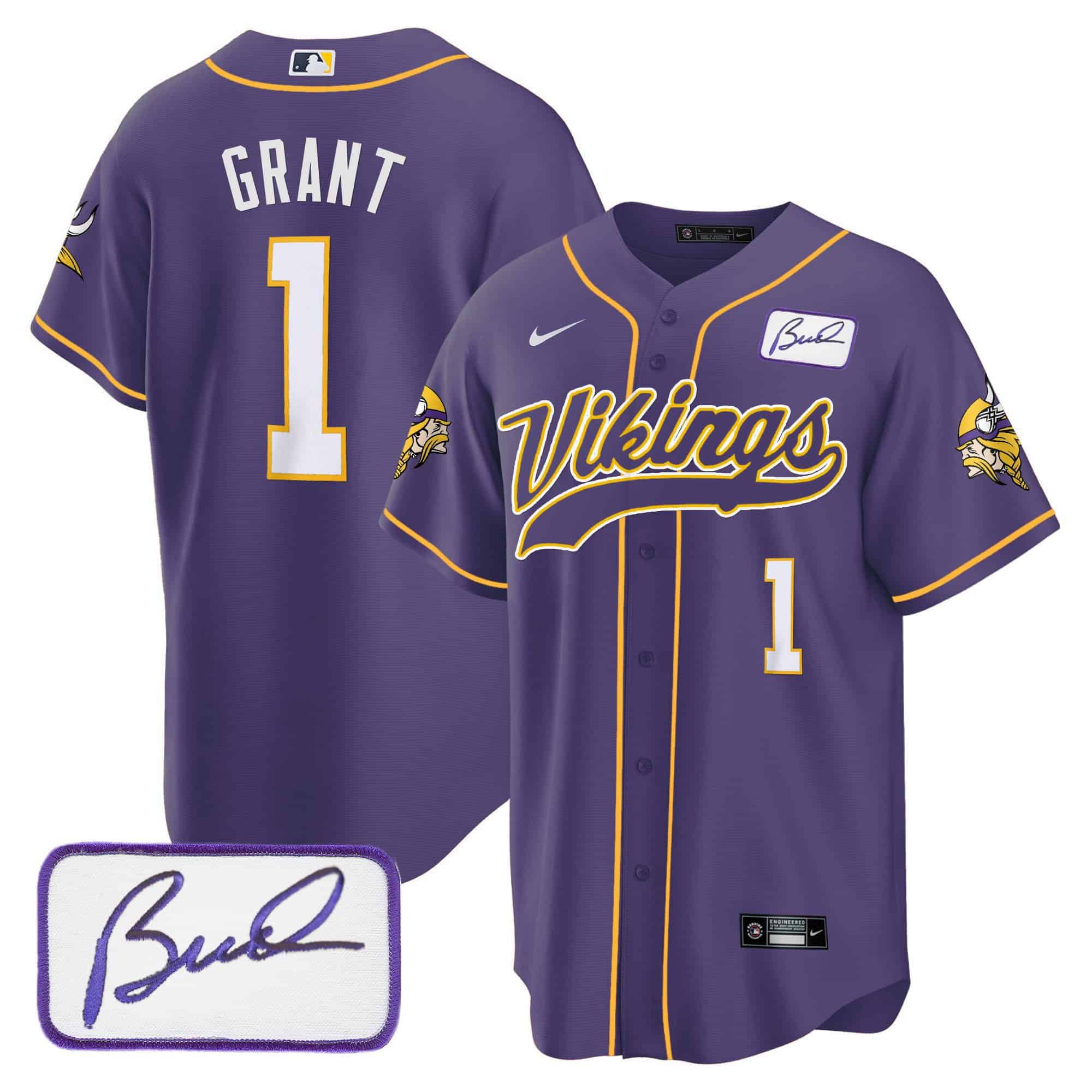 Men Minnesota Vikings 1 Grant Purple 2024 Nike Bud Grant Patch Classic Baseball NFL Jersey style 1